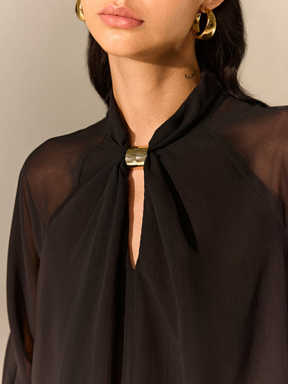 Semi-Sheer Chiffon Blouse with Neckline Metal Detail