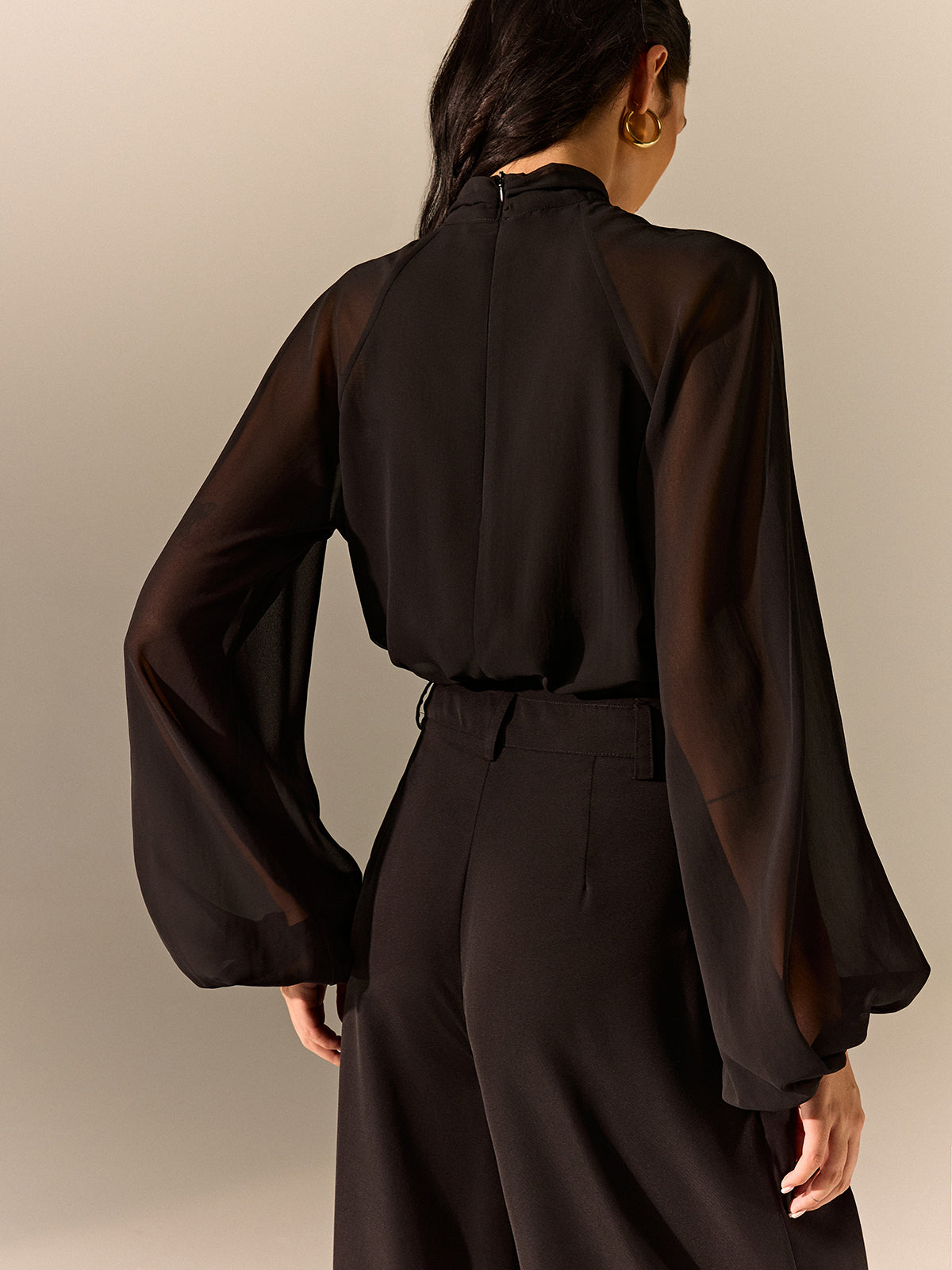 Semi-Sheer Chiffon Blouse with Neckline Metal Detail