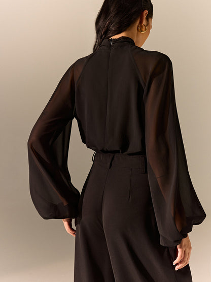 Semi-Sheer Chiffon Blouse with Neckline Metal Detail