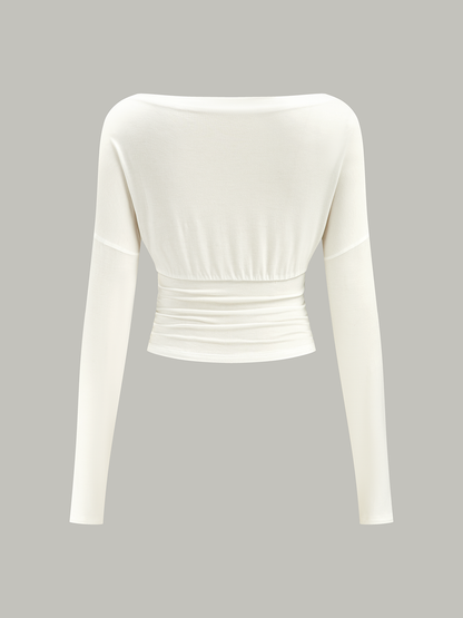 Semi-Sheer Ruched Waist Long-Sleeve Top