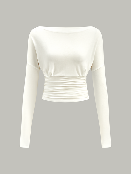 Semi-Sheer Ruched Waist Long-Sleeve Top