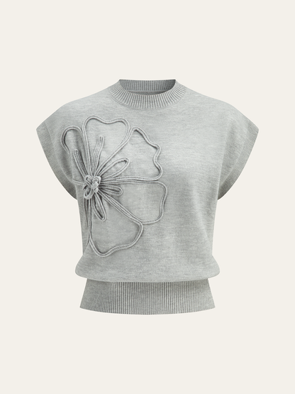 Flower Applique Cap Sleeve Knit Top