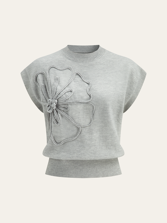 Flower Applique Cap Sleeve Knit Top