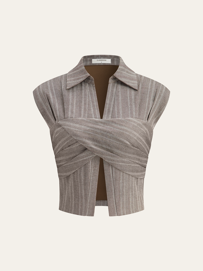 Linen Blend Cropped Blouse with Cross Wrap Detail