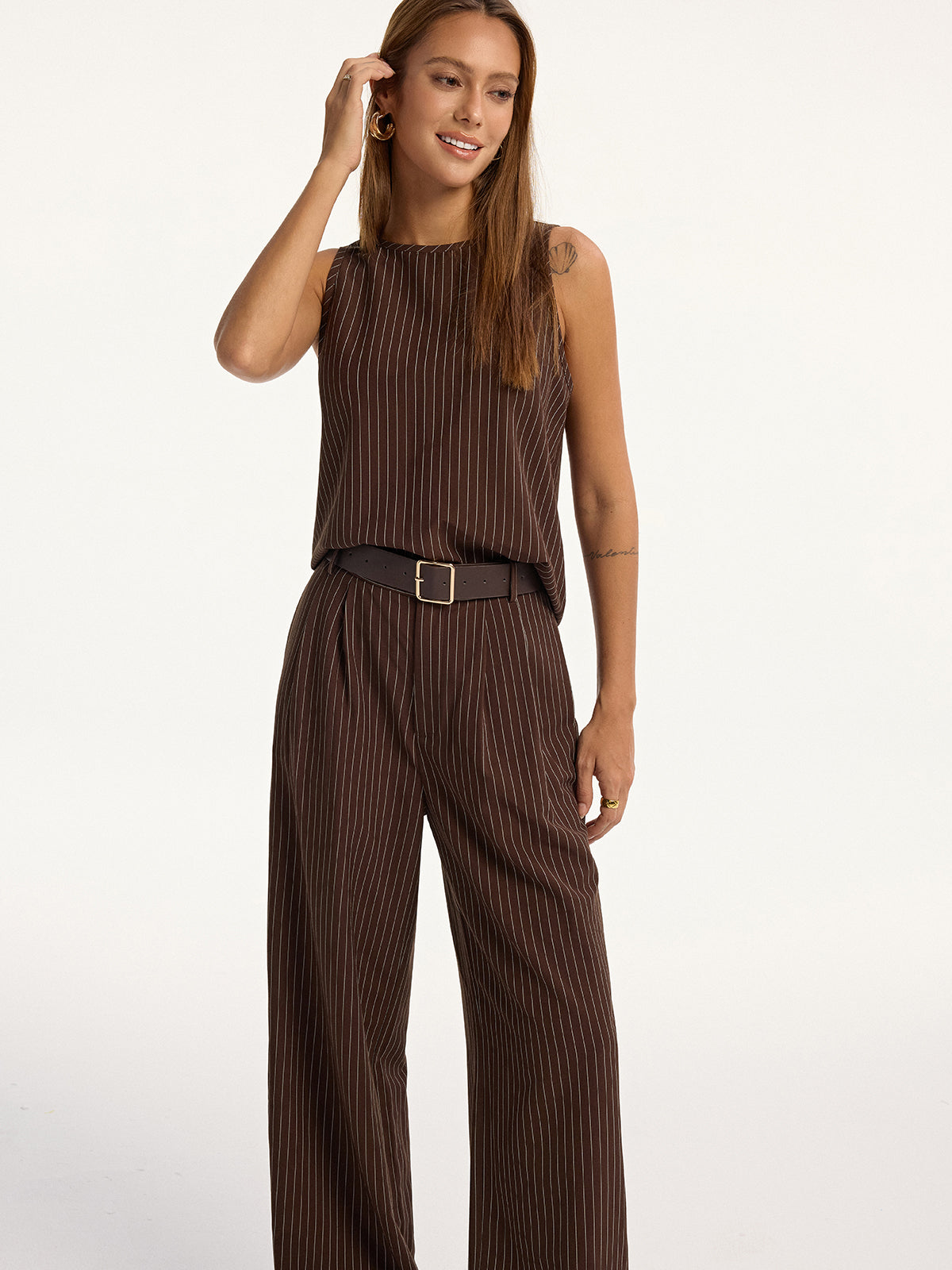 Pinstripe Sleeveless Top and Pants Set with Belt