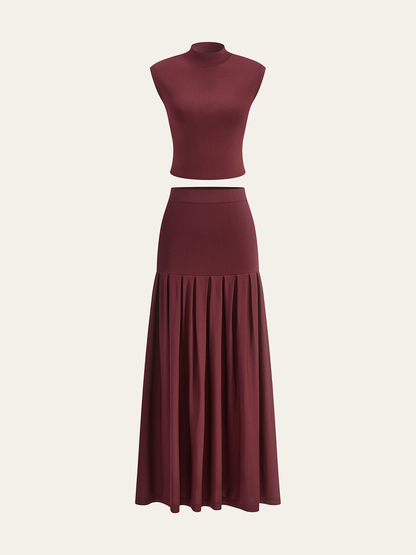 Mock Neck Sleeveless Top and Pleated Midi Skirt Set