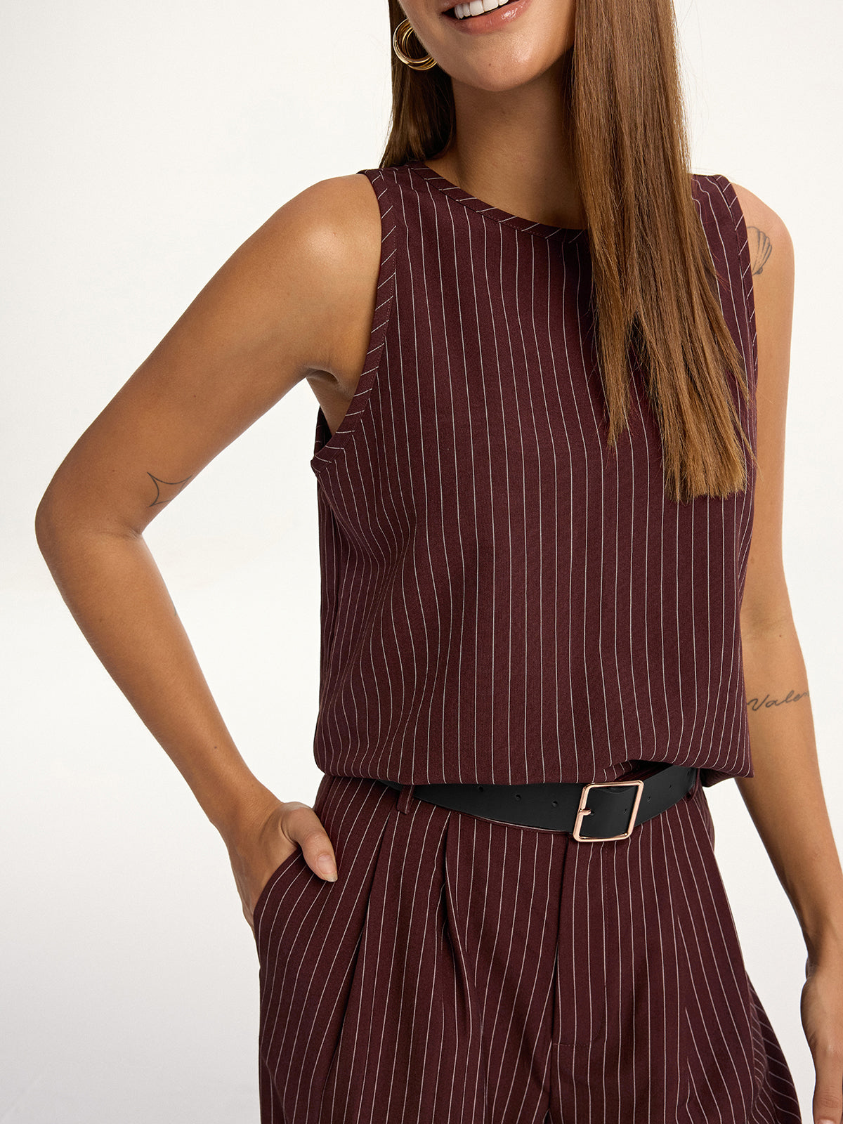 Pinstripe Sleeveless Top and Pants Set with Belt