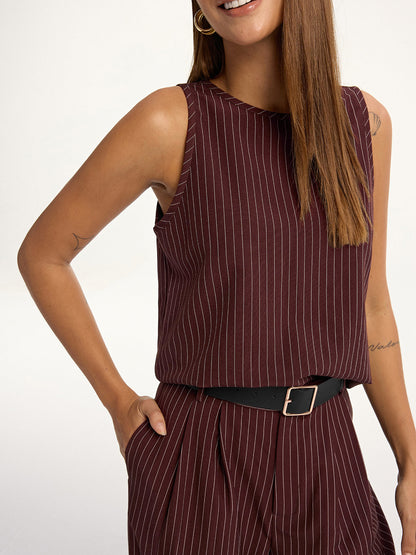 Pinstripe Sleeveless Top and Pants Set with Belt