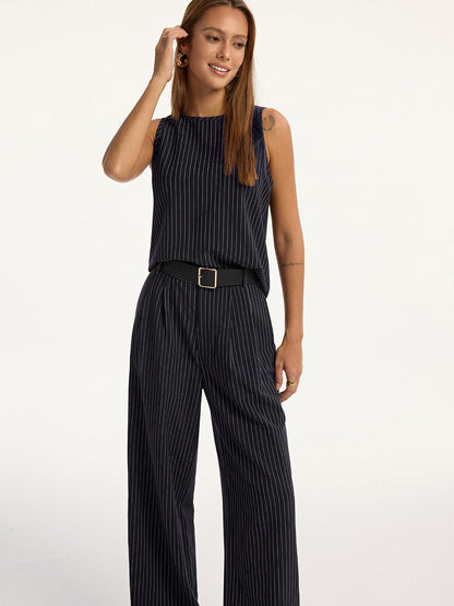 Pinstripe Sleeveless Top and Pants Set with Belt