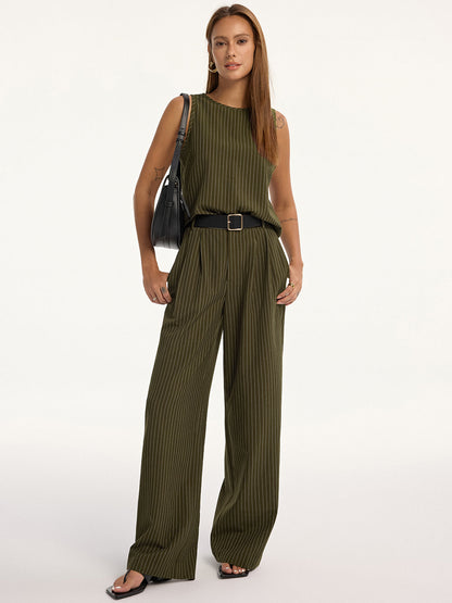 Pinstripe Sleeveless Top and Pants Set with Belt