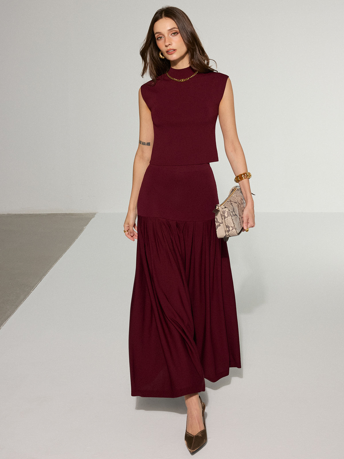 Mock Neck Sleeveless Top and Pleated Midi Skirt Set