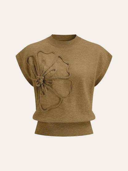 Flower Applique Cap Sleeve Knit Top