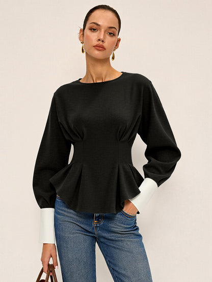 Round Neck Balloon Sleeve Peplum Sweatshirt