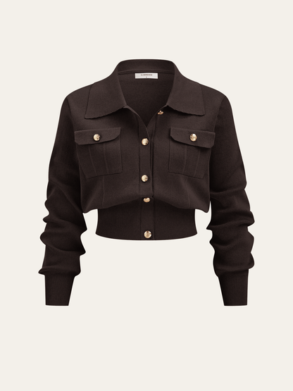 Metal Button Collared Cardigan and Midi Skirt Set