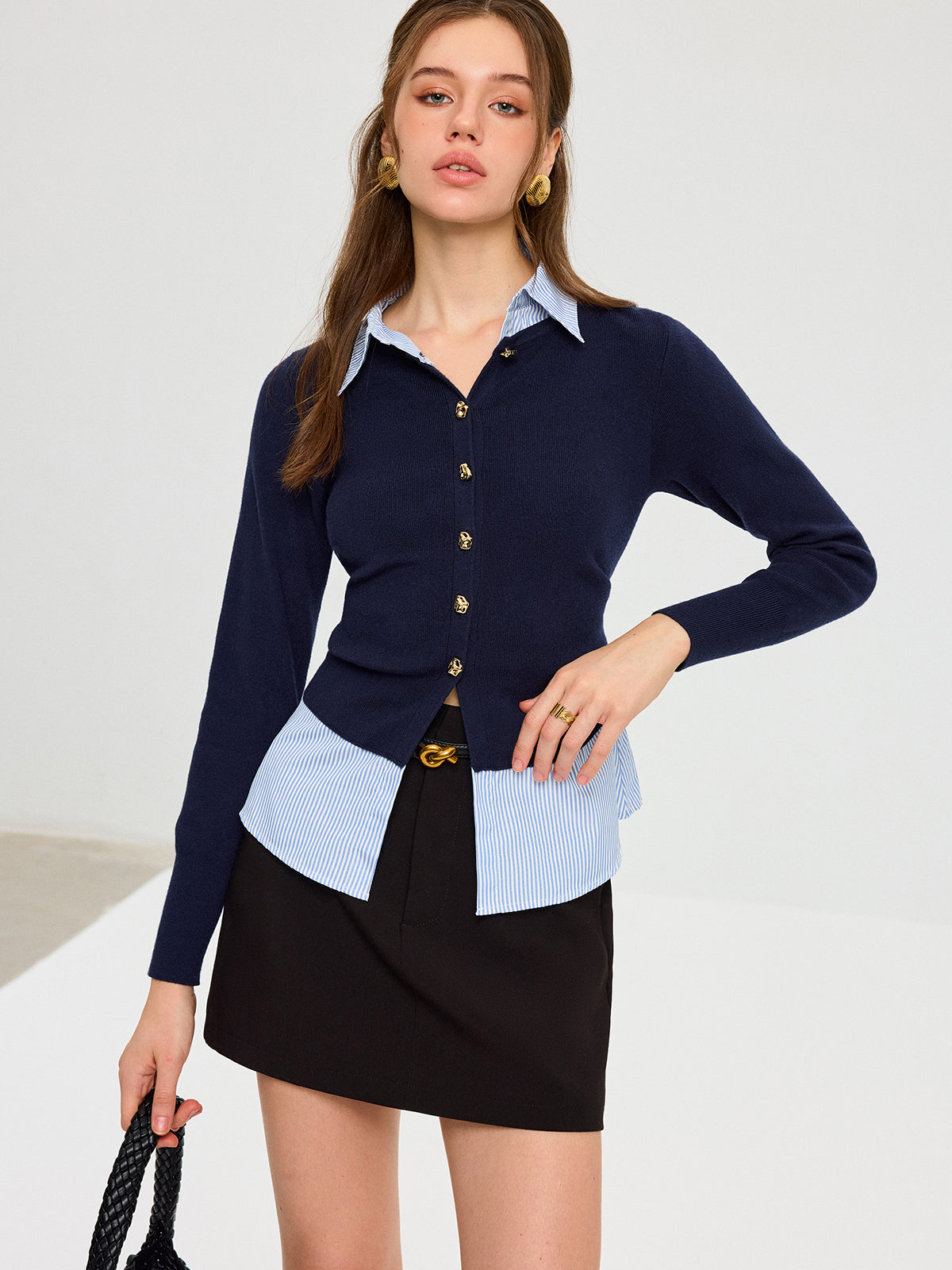 Striped Shirt Panel Metal Button Knit Top