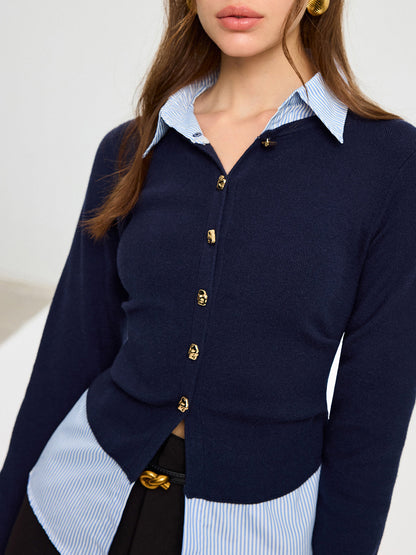 Striped Shirt Panel Metal Button Knit Top