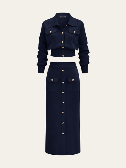 Metal Button Collared Cardigan and Midi Skirt Set