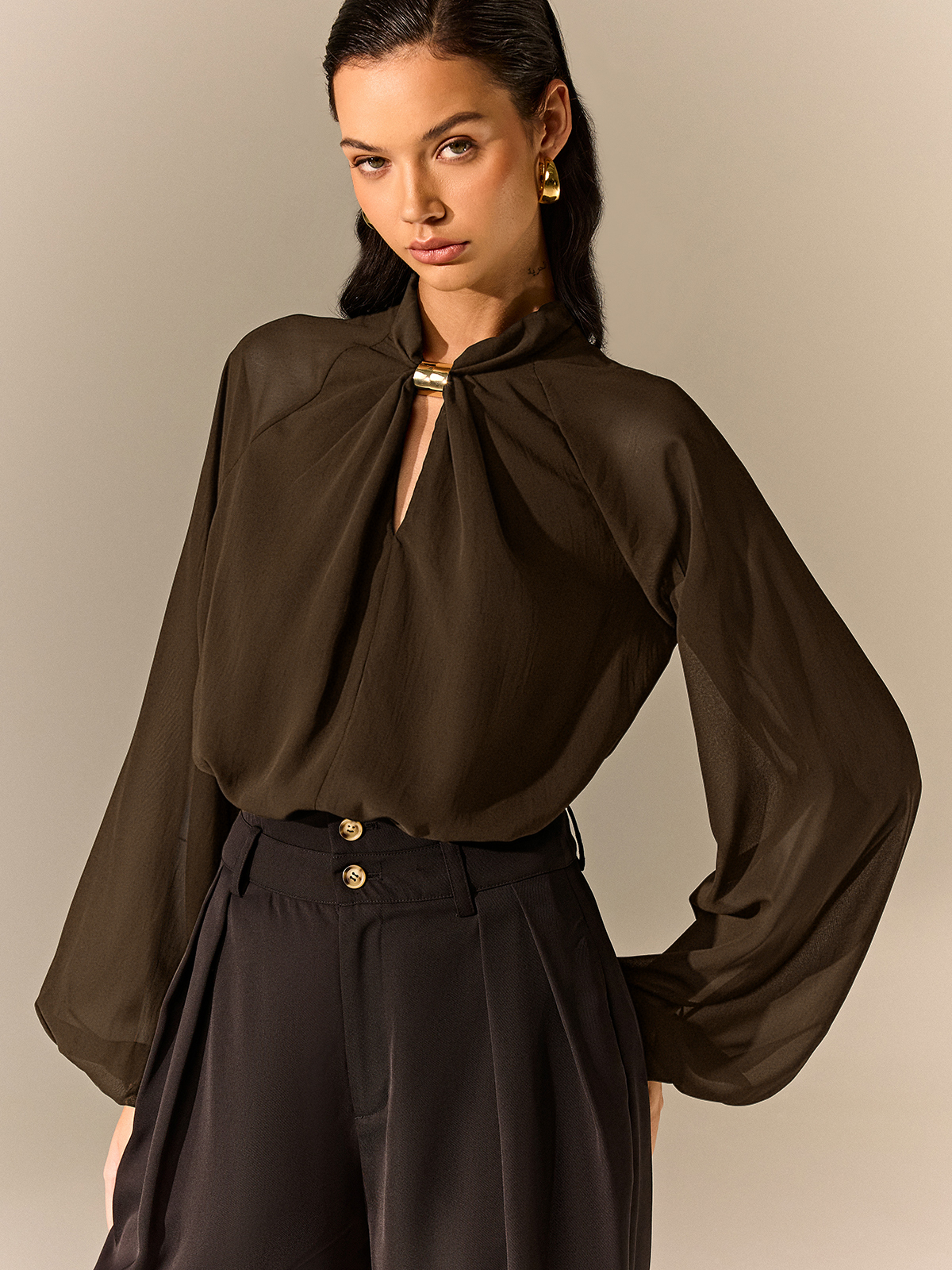 Semi-Sheer Chiffon Blouse with Neckline Metal Detail