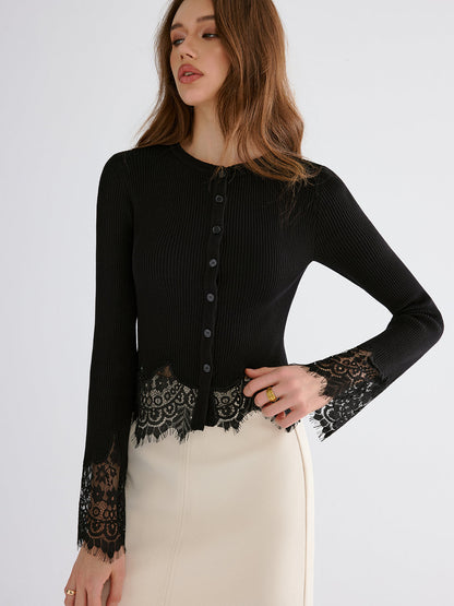 Lace Hem Flared Sleeve Cadigan
