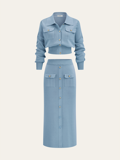 Metal Button Collared Cardigan and Midi Skirt Set