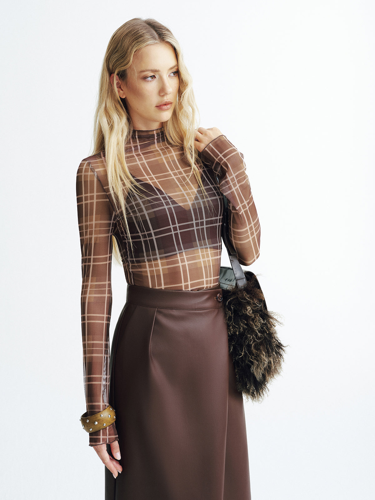 Plaid Mesh Turtleneck Blouse