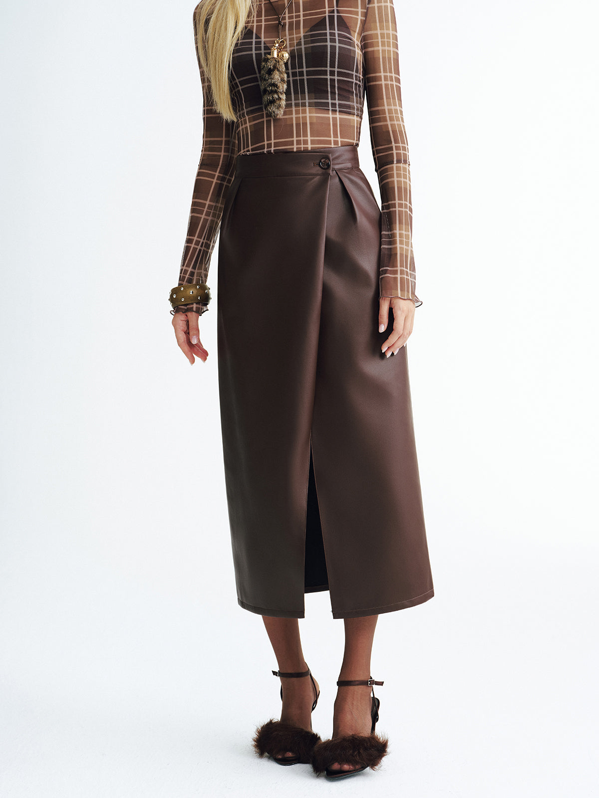 Faux Leather Slit Midi Skirt