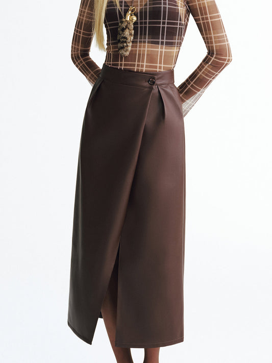 Faux Leather Slit Midi Skirt