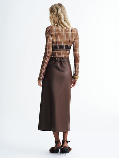 Faux Leather Slit Midi Skirt