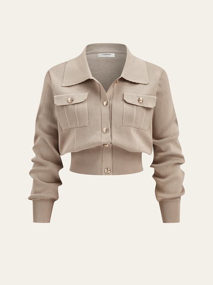 Metal Button Collared Cardigan and Midi Skirt Set