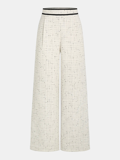 Contrast Waistband Tweed Wide-Leg Pants