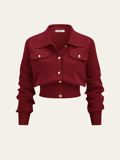 Metal Button Collared Cardigan and Midi Skirt Set