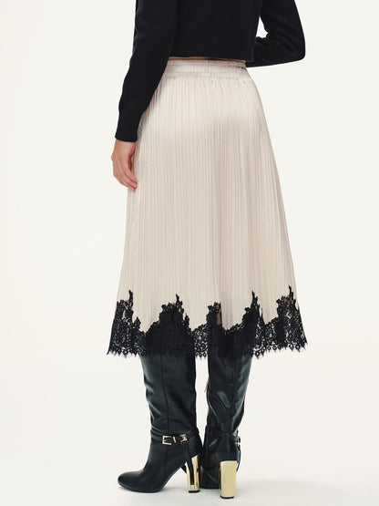 Lace Hem Pleated Midi Skirt