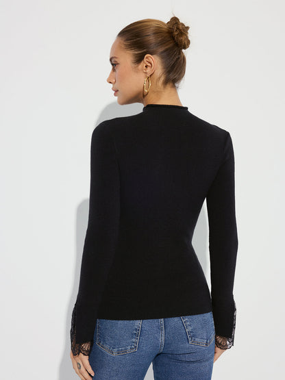 Mock Neck Lace Cuff Knit Top