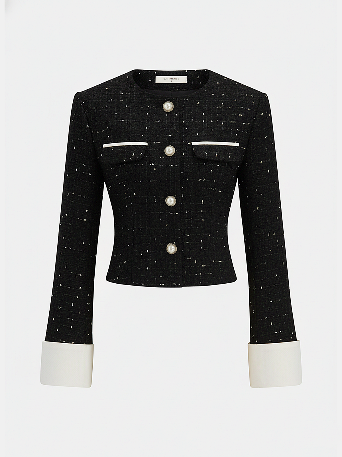 Contrast Cuff Pearl Button Tweed Jacket