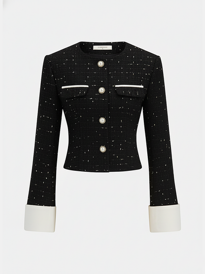 Contrast Cuff Pearl Button Tweed Jacket