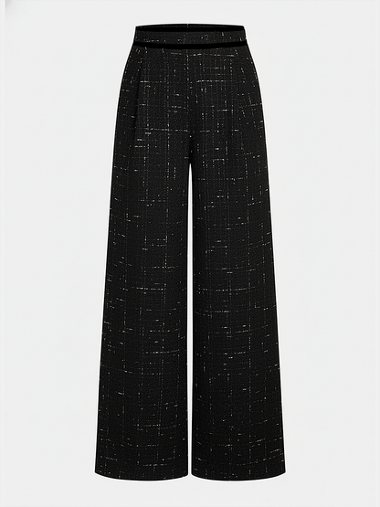 Contrast Waistband Tweed Wide-Leg Pants