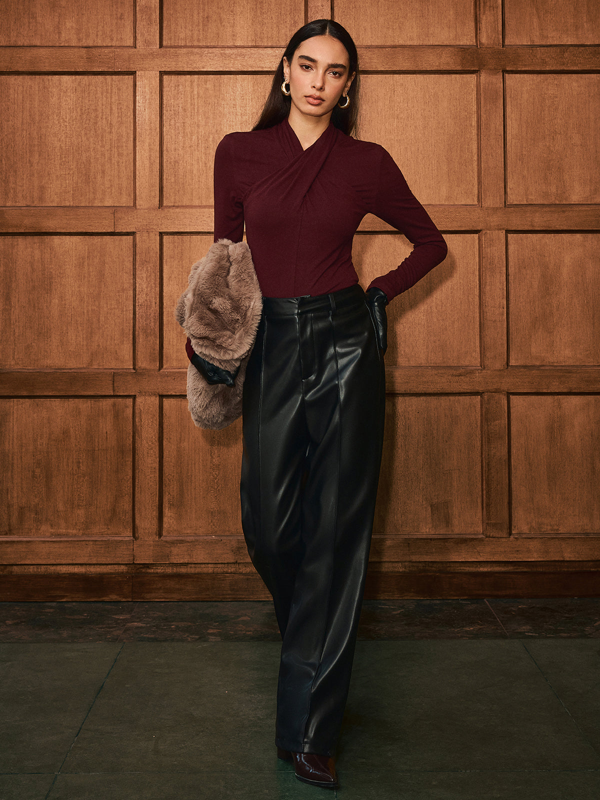 Cross Neck Long Sleeve Knit T-Shirt