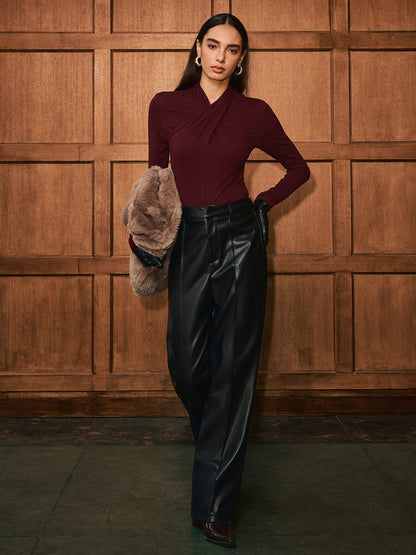 Cross Neck Long Sleeve Knit T-Shirt