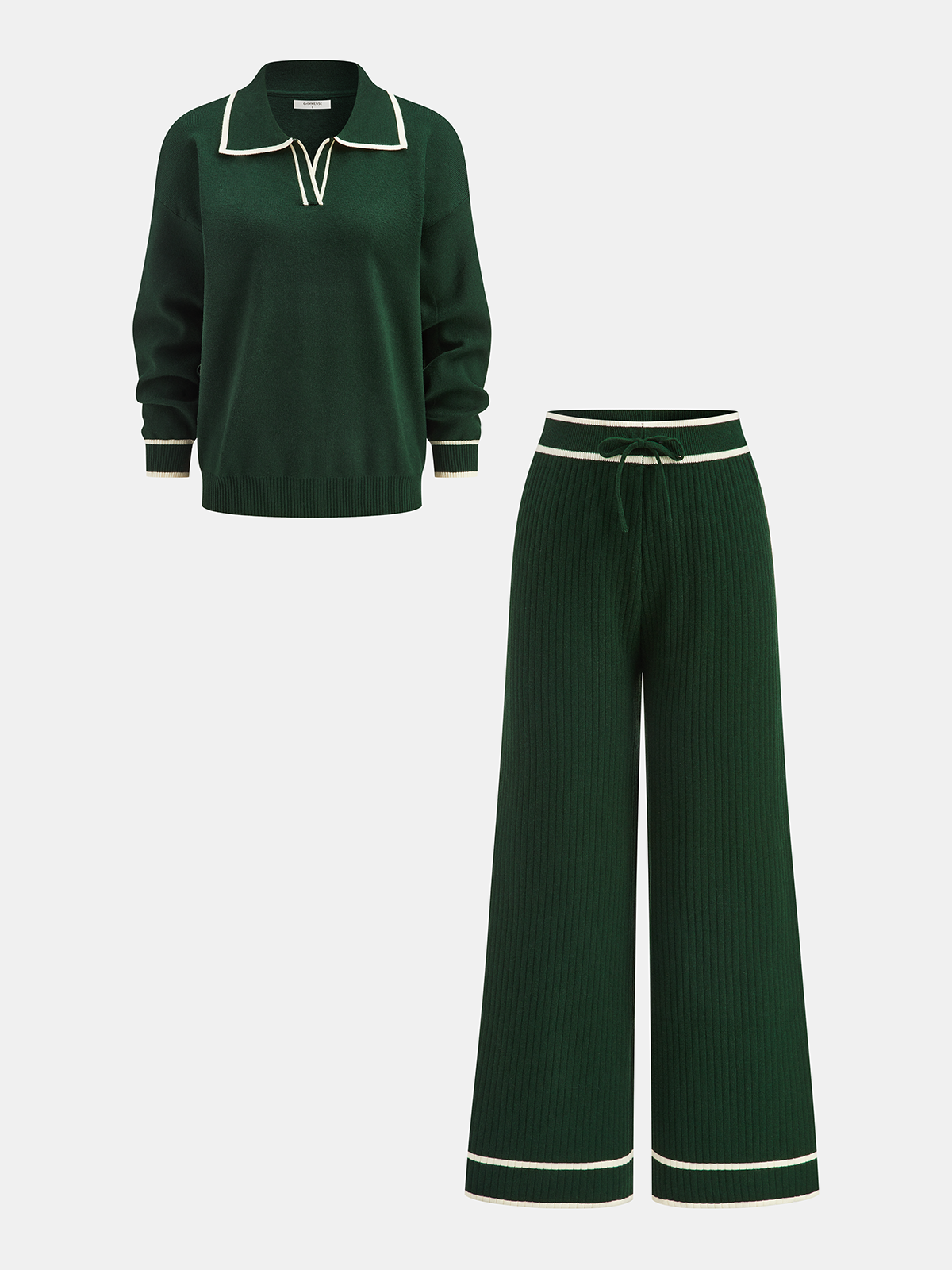 Knitted Contrast Trim Polo Top and Pants Set