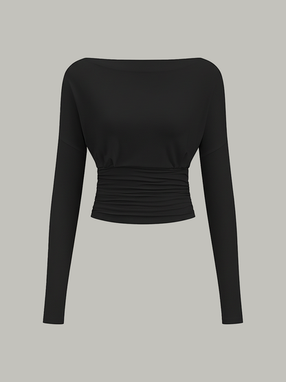 Semi-Sheer Ruched Waist Long-Sleeve Top