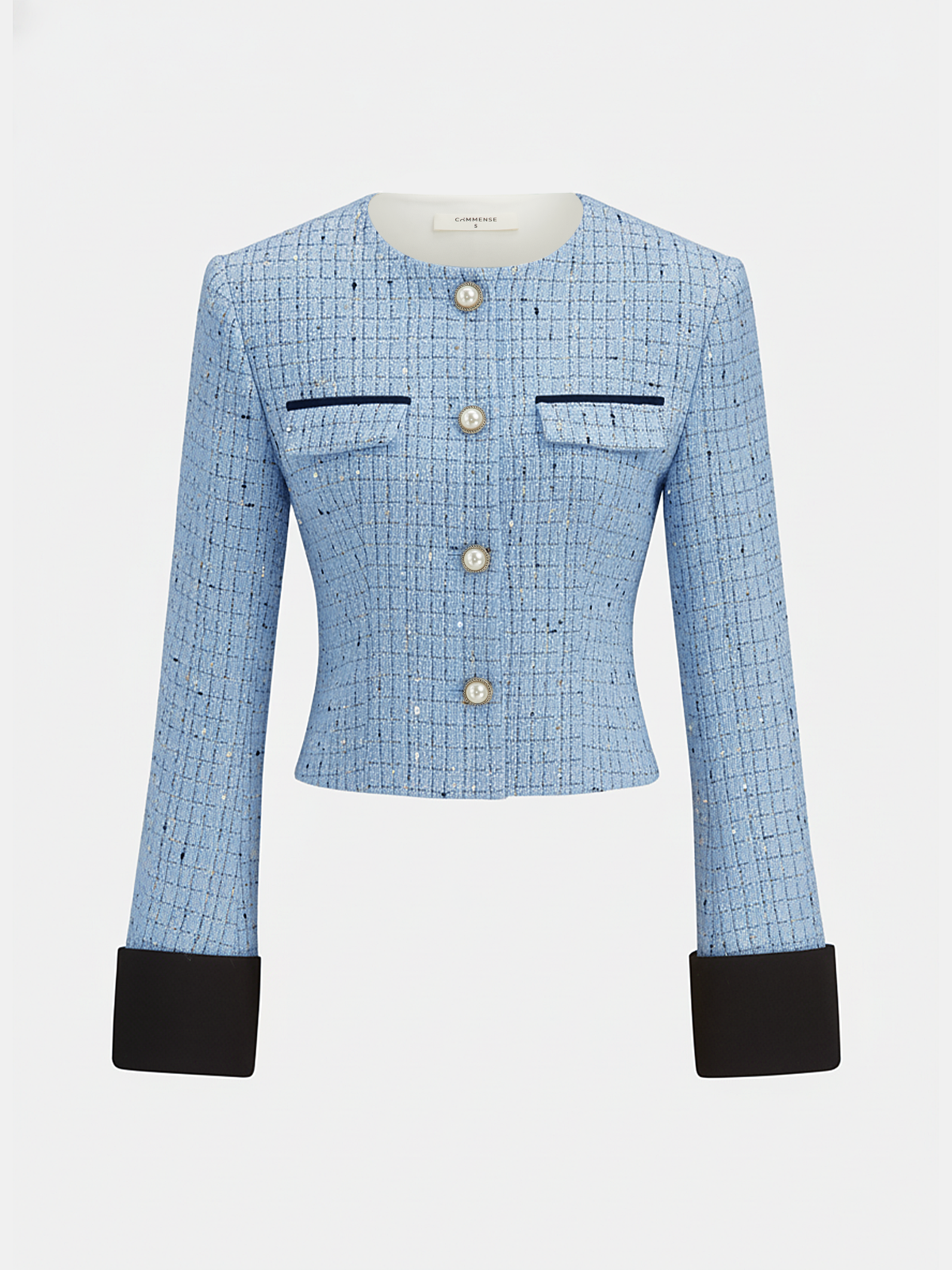 Contrast Cuff Pearl Button Tweed Jacket