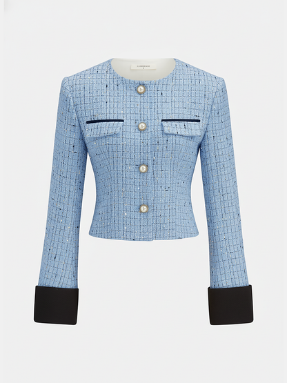 Contrast Cuff Pearl Button Tweed Jacket
