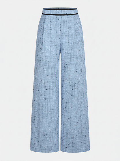 Contrast Waistband Tweed Wide-Leg Pants