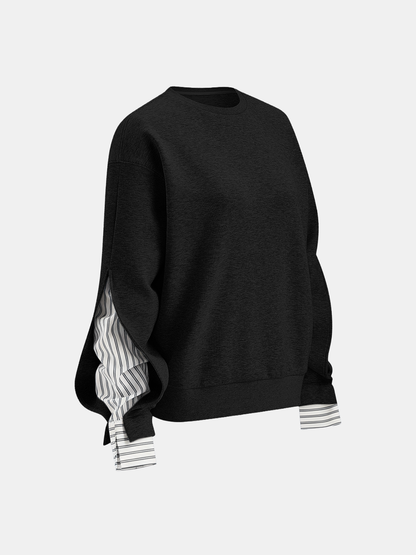 Striped Shirt Panel Crew Neck Sweatshirt