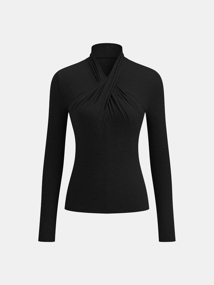 Cross Neck Long Sleeve Knit T-Shirt