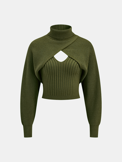 Turtleneck Overlay and Cami Top Knit Two-Piece Set