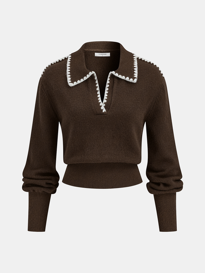 Contrast Embroidered Trim Polo Sweater