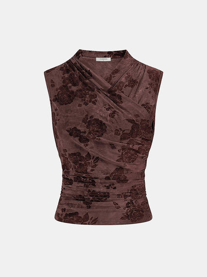 Floral Jacquard Ruched Sleeveless Top
