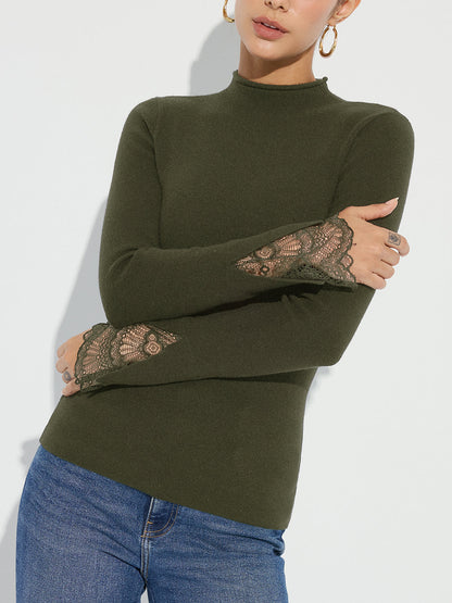 Mock Neck Lace Cuff Knit Top