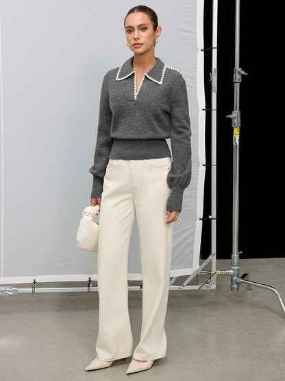 Contrast Embroidered Trim Polo Sweater